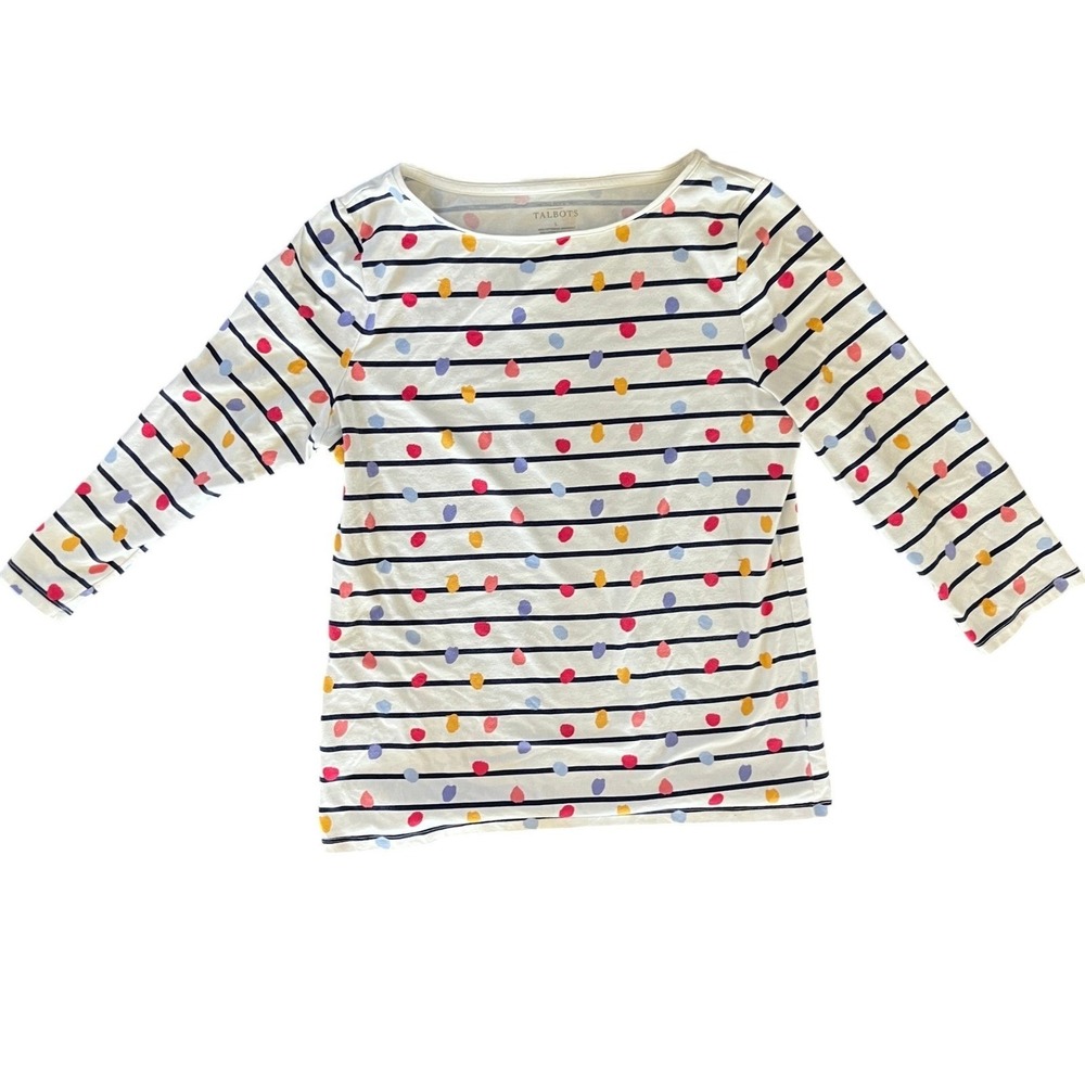Talbots Womens Large Striped Polka Dot Boat Neck 3/4 Sleeve Tee White Multi